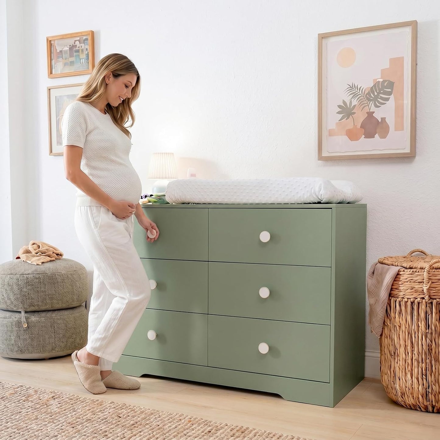 6 Drawer Dresser for Kid Bedroom, Wood Dresser with Sturdy Base, Large Baby Dresser for Nursery, Modern Closet Dresser for Clothes, Green