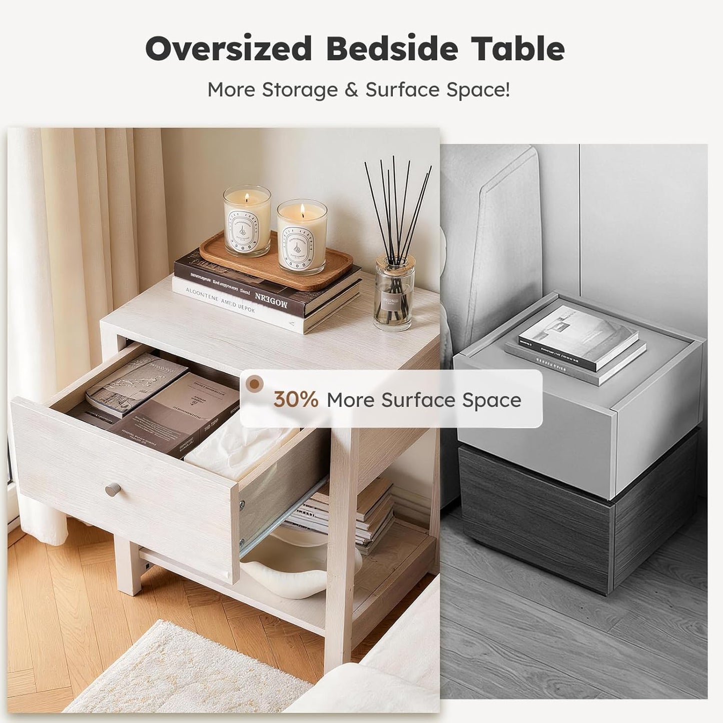 White Nightstand, Modern Nightstand Bedside Table with Drawer and Large Storage Shelf, End Tables Side Tables for Bedroom, Mesa de Noche for Small Spaces
