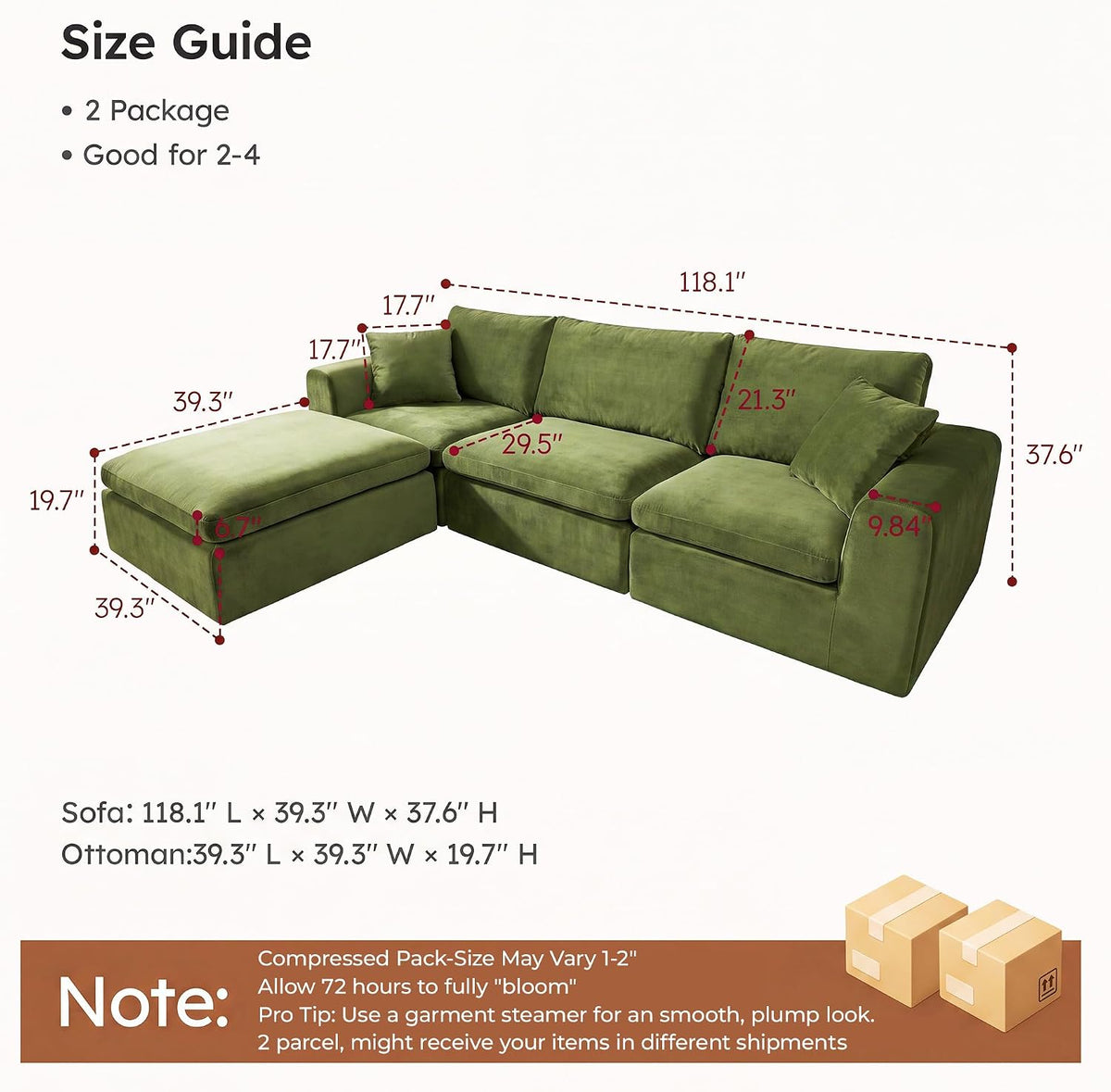119" Modular Sectional Cloud Sofa, No Assembly Boneless Couch with Ottoman, Green