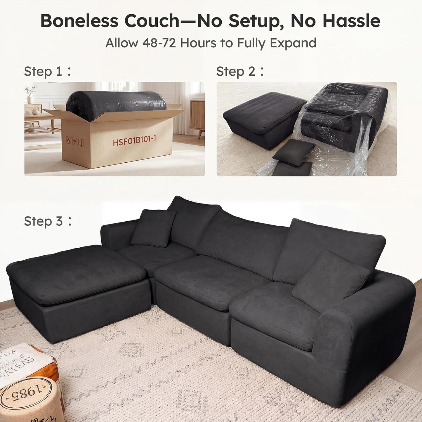 118" Oversized Modular Sectional Couch, Ultra Soft Cloud Sofa with Upgraded High Back, Plush Boneless Couches for Living Room, Comfy Deep Seat Boneless Sofa with Ottoman, No Assembly, Black