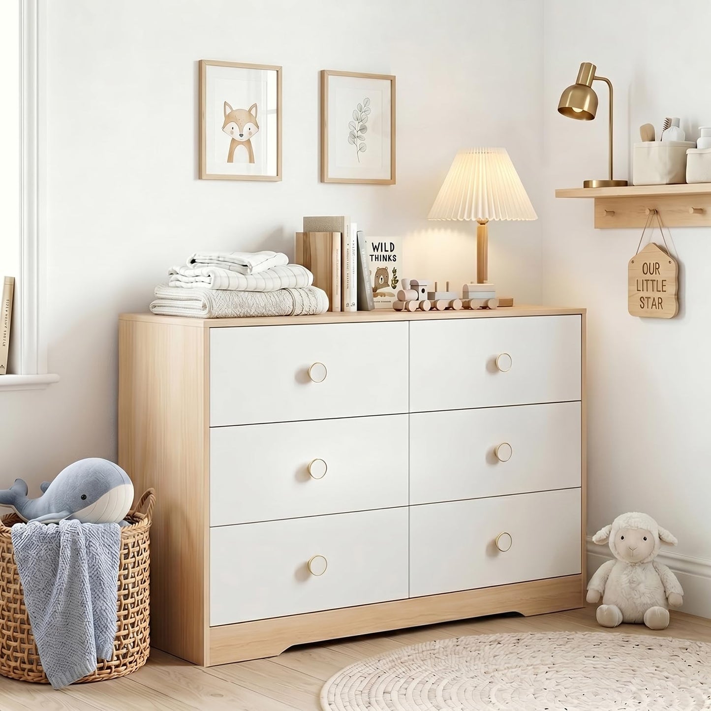 Baby Dresser for Bedroom, Modern 6 Drawer Dresser for Nursery, Kids Dresser with Solid Wood Legs, Large Closet Dresser for Clothes, Chest of Drawers, Green