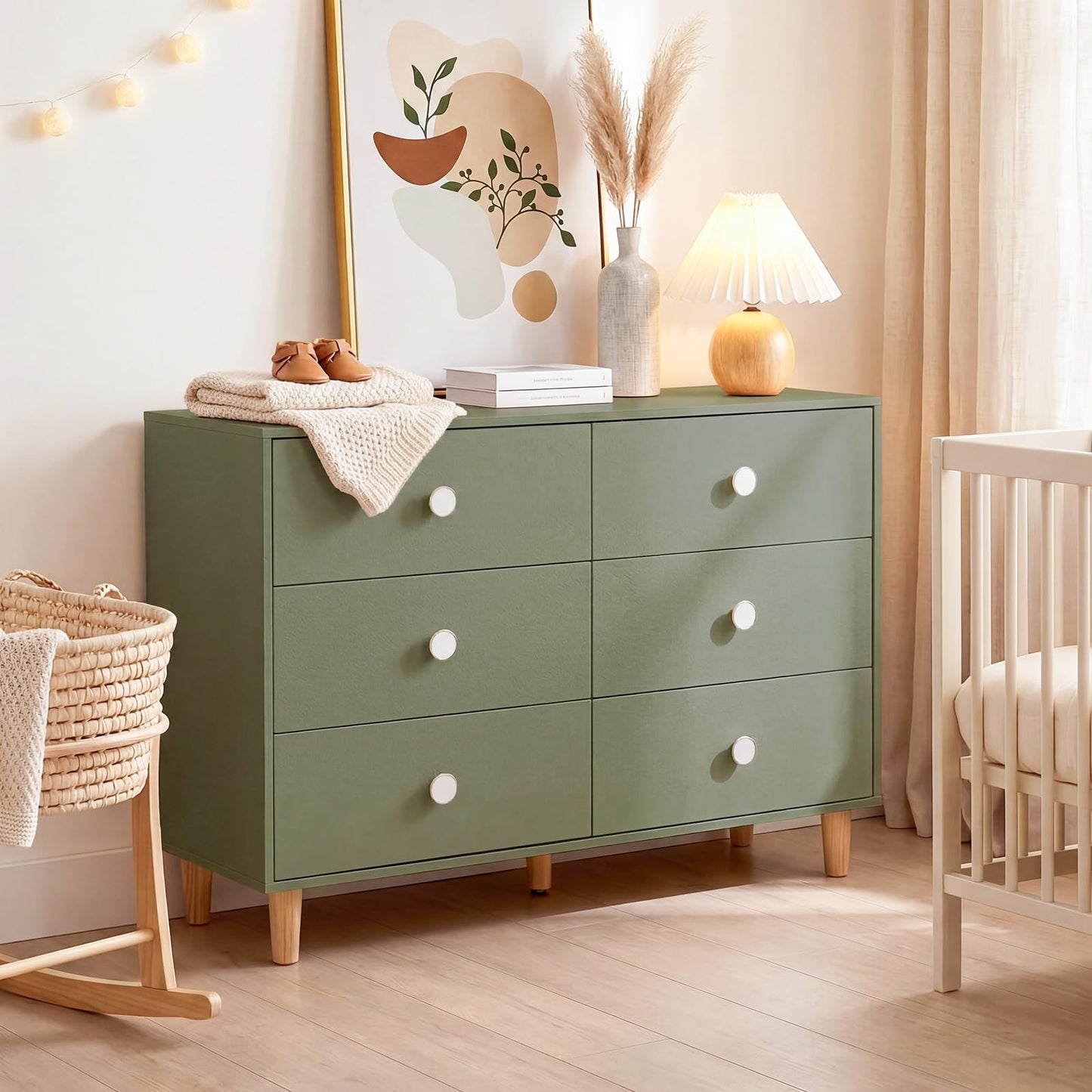 Wood Dresser for Bedroom, Modern Baby Dresser for Nursery, Large 6 Drawer Closet Dresser for Clothes, Sturdy Storage Chest of Drawers