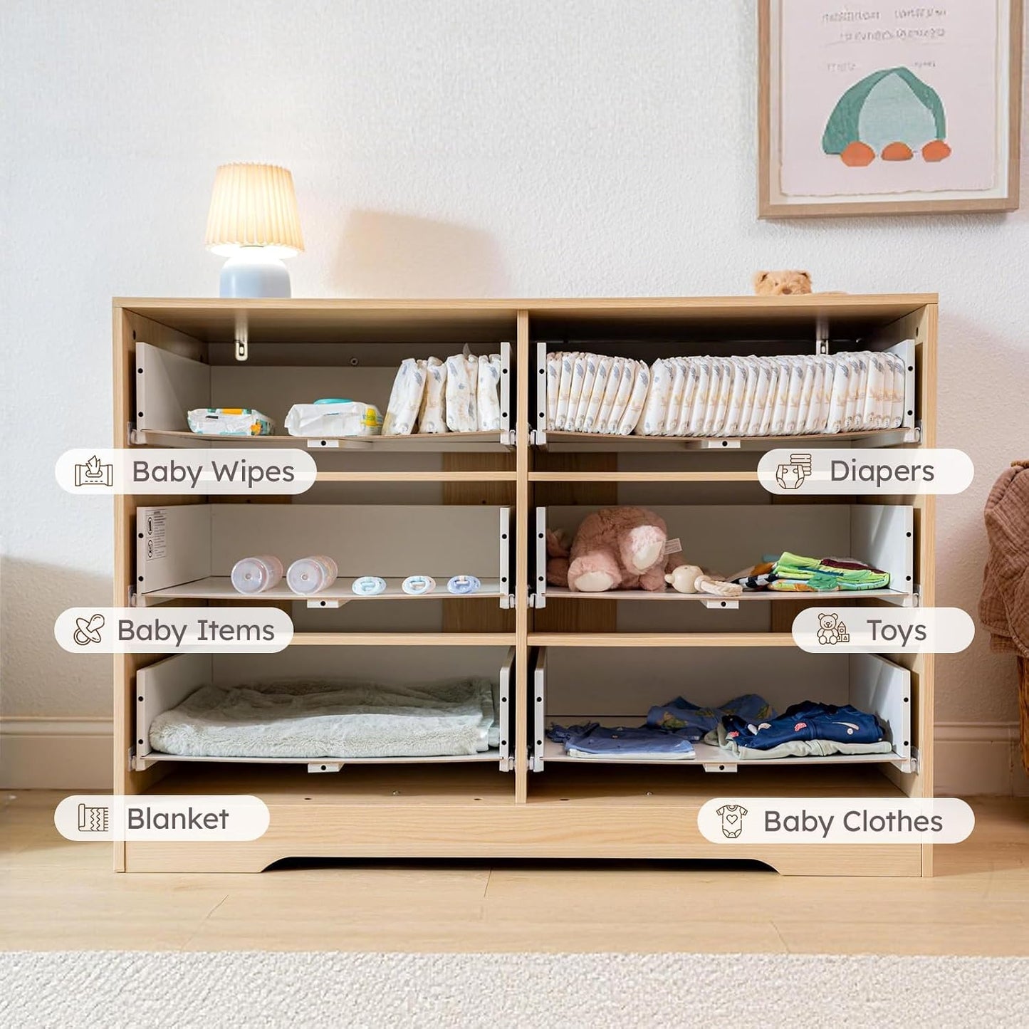 Wood Dresser for Bedroom, Modern Baby Dresser for Nursery, Large 6 Drawer Closet Dresser for Clothes, Sturdy Storage Chest of Drawers