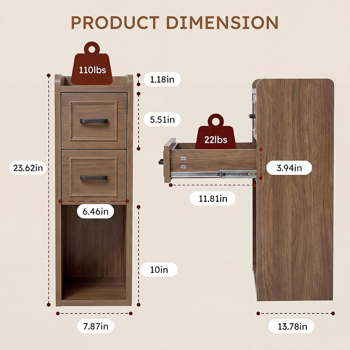 Narrow Nightstand, Skinny Wood Bedside Table, Slim End Table, Walnut