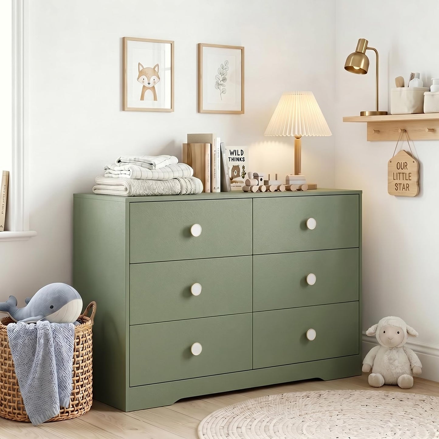 Baby Dresser for Bedroom, Modern 6 Drawer Dresser for Nursery, Kids Dresser with Solid Wood Legs, Large Closet Dresser for Clothes, Chest of Drawers, Green