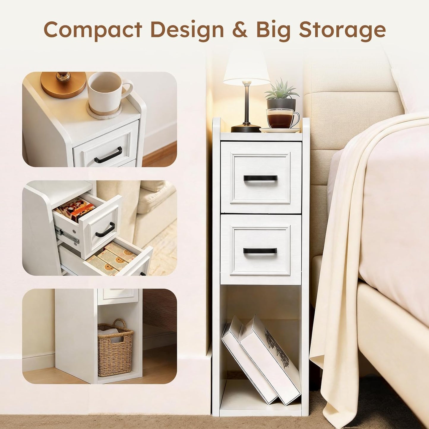 Narrow White Nightstand, Wood Slim Bedside Tables for Small Bedroom, Modern End Table with Drawers, Perfect for Apartments, Rente