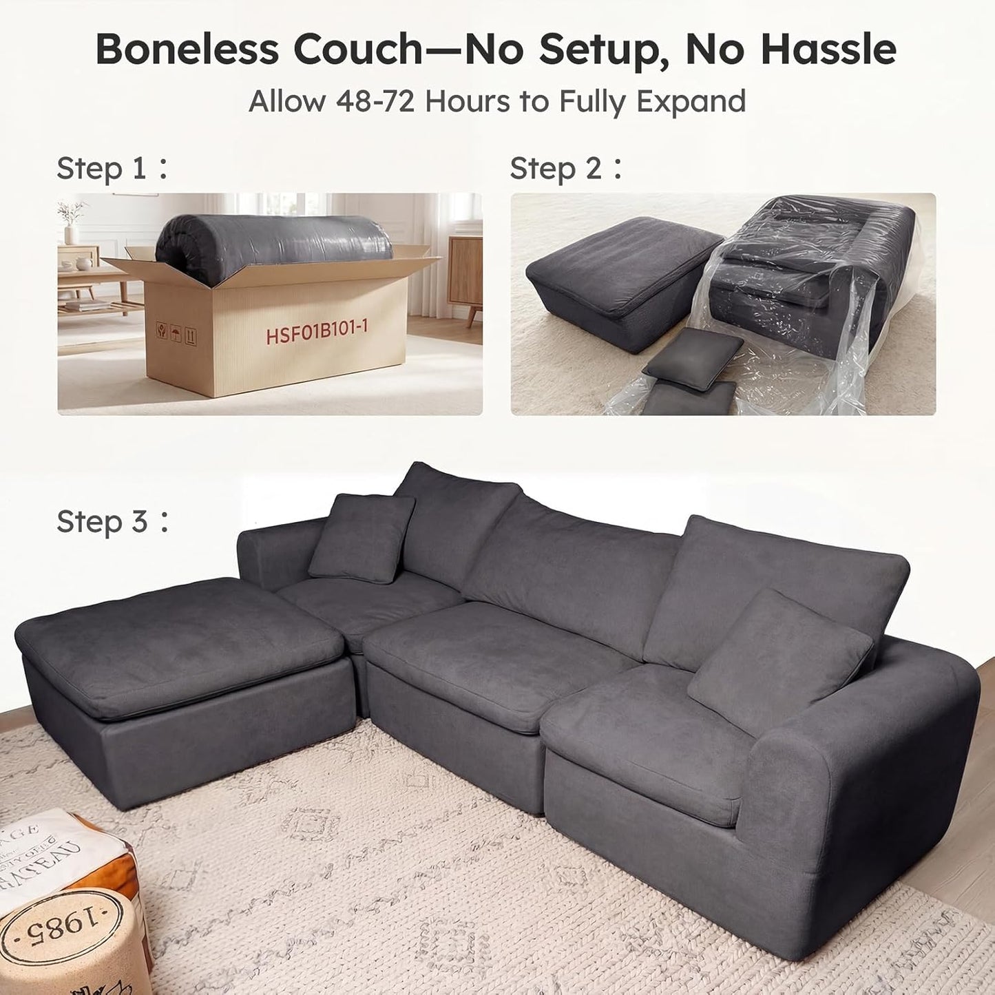 118" Modern Modular Sectional Sofa, Cloud Couch with Ergonomic High Back Support, Deep Seat Comfy Boneless Sectional Couches for Living Room, Durable Fabric, No Assembly, Dark Gray