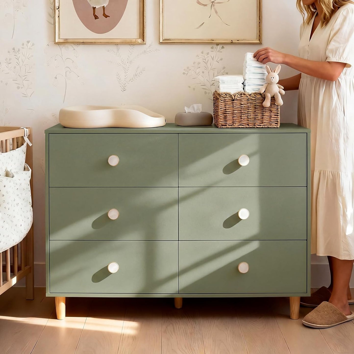 Baby Dresser for Bedroom, Modern 6 Drawer Dresser for Nursery, Kids Dresser with Solid Wood Legs, Large Closet Dresser for Clothes, Chest of Drawers, Green