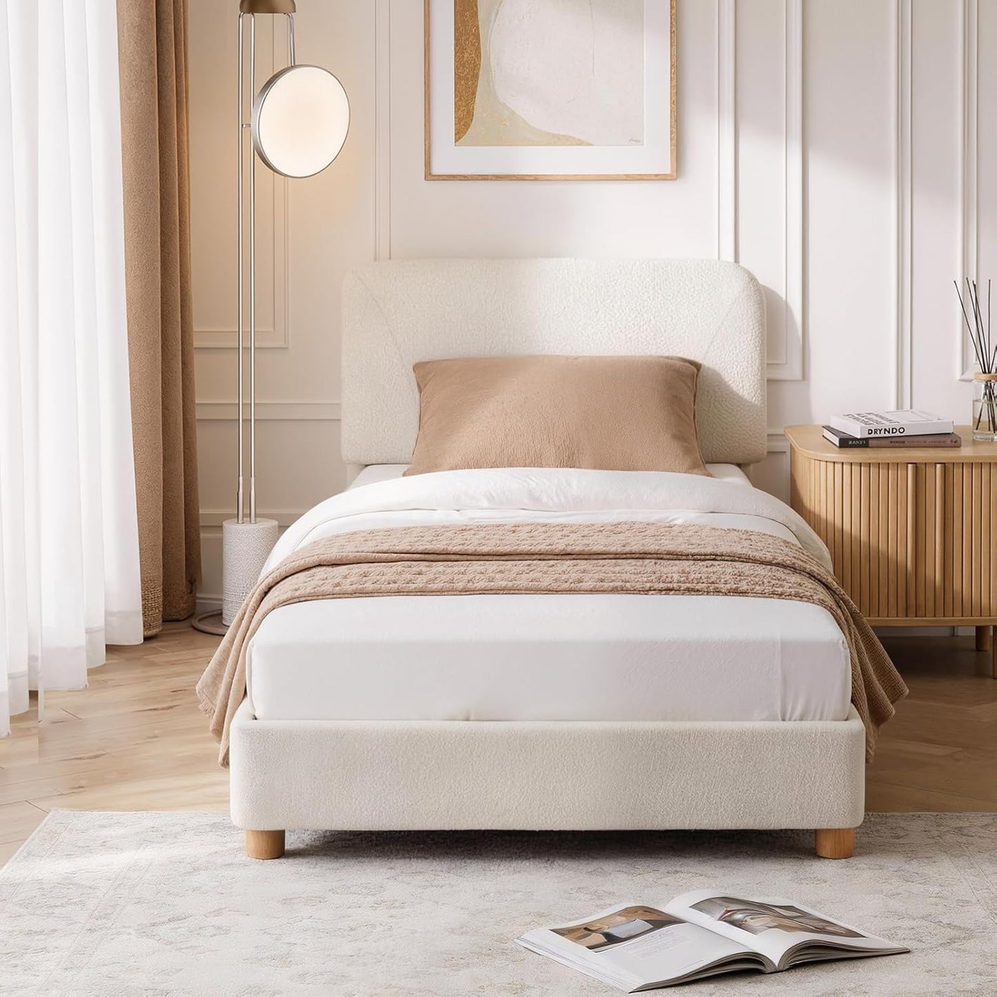 BERRY NEST Queen Size Cloud Bed Frame, Soft Boucle Bed Frame with Adjustable Headboard, Solid Wood Legs, Rounded Corners Design & Easy Assembly – Modern Platform Bed,Cream