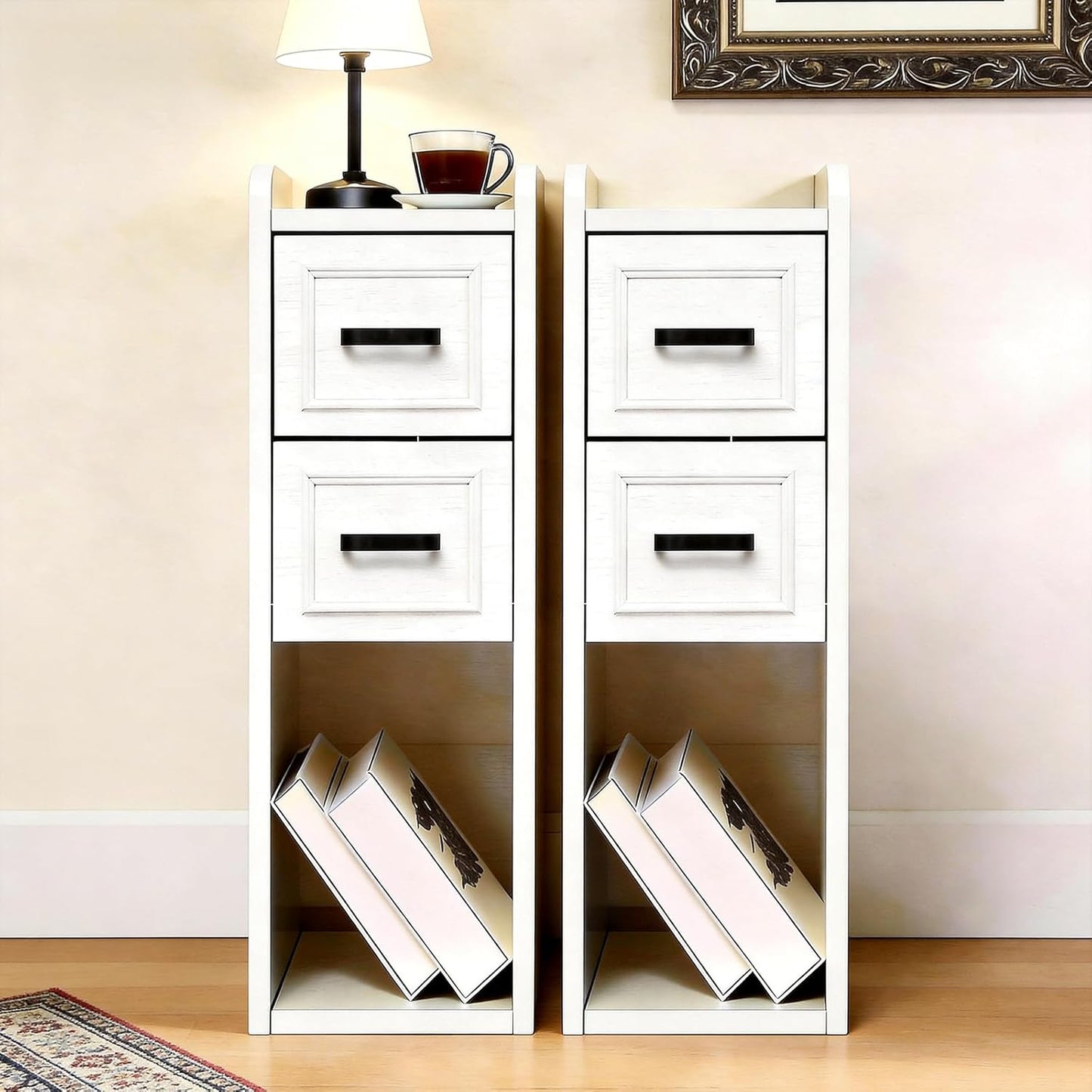 Narrow White Nightstand, Wood Slim Bedside Tables for Small Bedroom, Modern End Table with Drawers, Perfect for Apartments, Rente