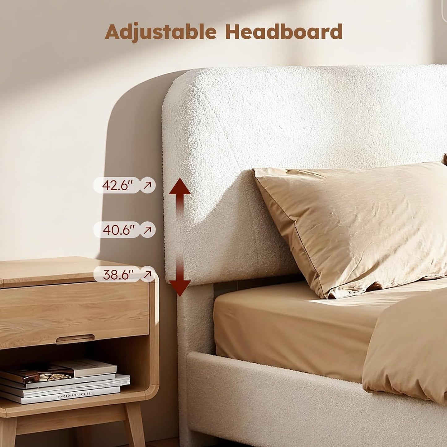 BERRY NEST Queen Size Cloud Bed Frame, Soft Boucle Bed Frame with Adjustable Headboard, Solid Wood Legs, Rounded Corners Design & Easy Assembly – Modern Platform Bed,Cream