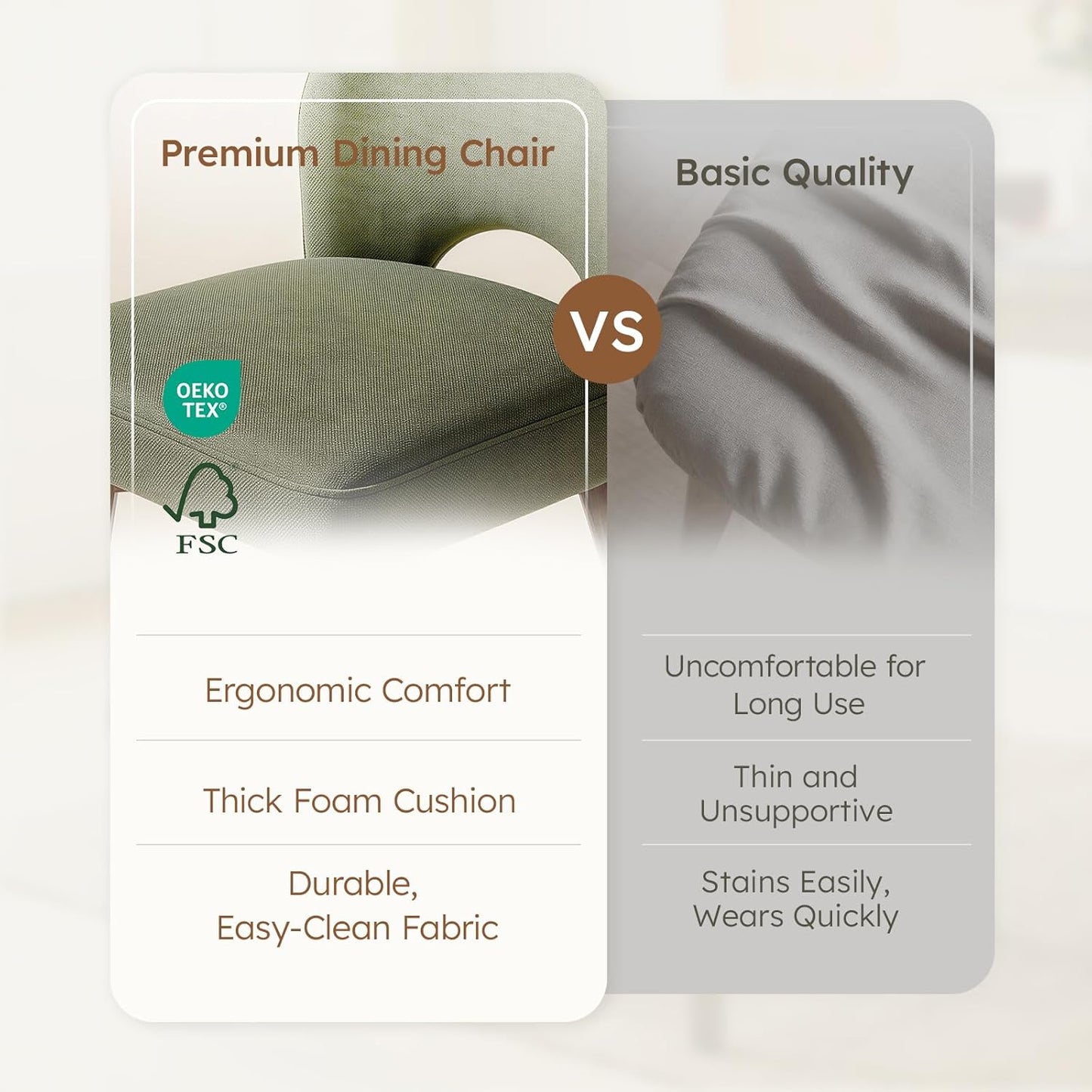 Dining Chairs Set of 2, Modern Upholstered Kitchen Chairs with Unique Cutout High Back & Wood Legs, Comfortable Fabric Side Chair for Dining Room, Living Room Green