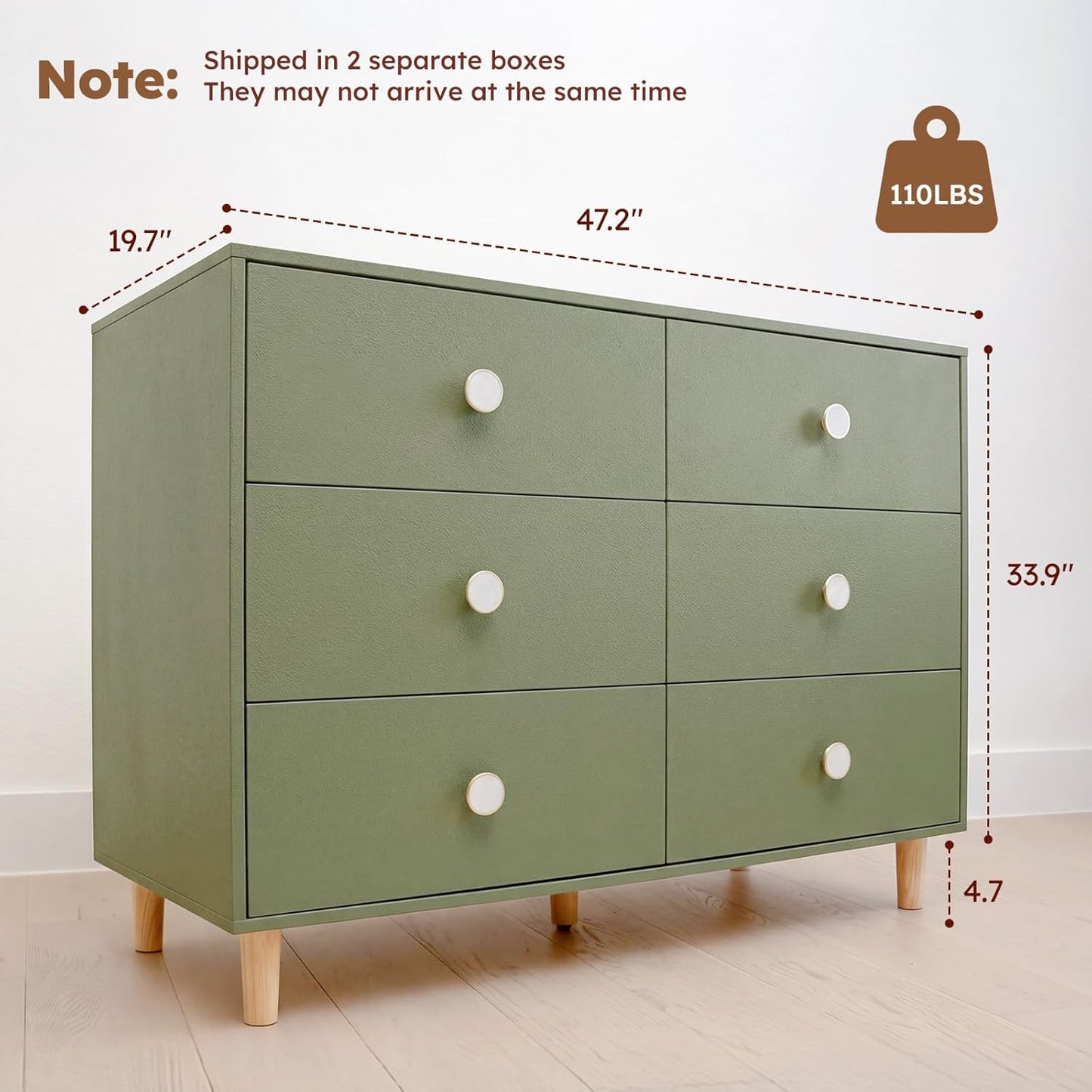 Baby Dresser for Bedroom, Modern 6 Drawer Dresser for Nursery, Kids Dresser with Solid Wood Legs, Large Closet Dresser for Clothes, Chest of Drawers, Green