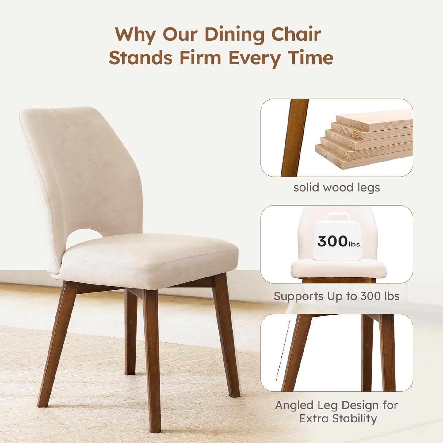 Dining Chairs Set of 2 – Modern Upholstered Kitchen Chairs (Sillas de Comedor) with Unique Cutout High Back & Wood Legs, Farmhouse Dinner Chair for Kitchen, Dining Room, or Living Room, Beige
