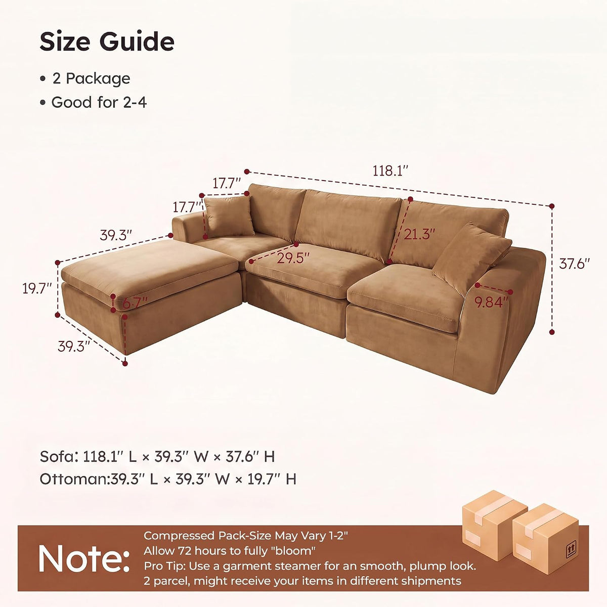119" Modular Sectional Cloud Sofa, No Assembly High Back Boneless, Orange
