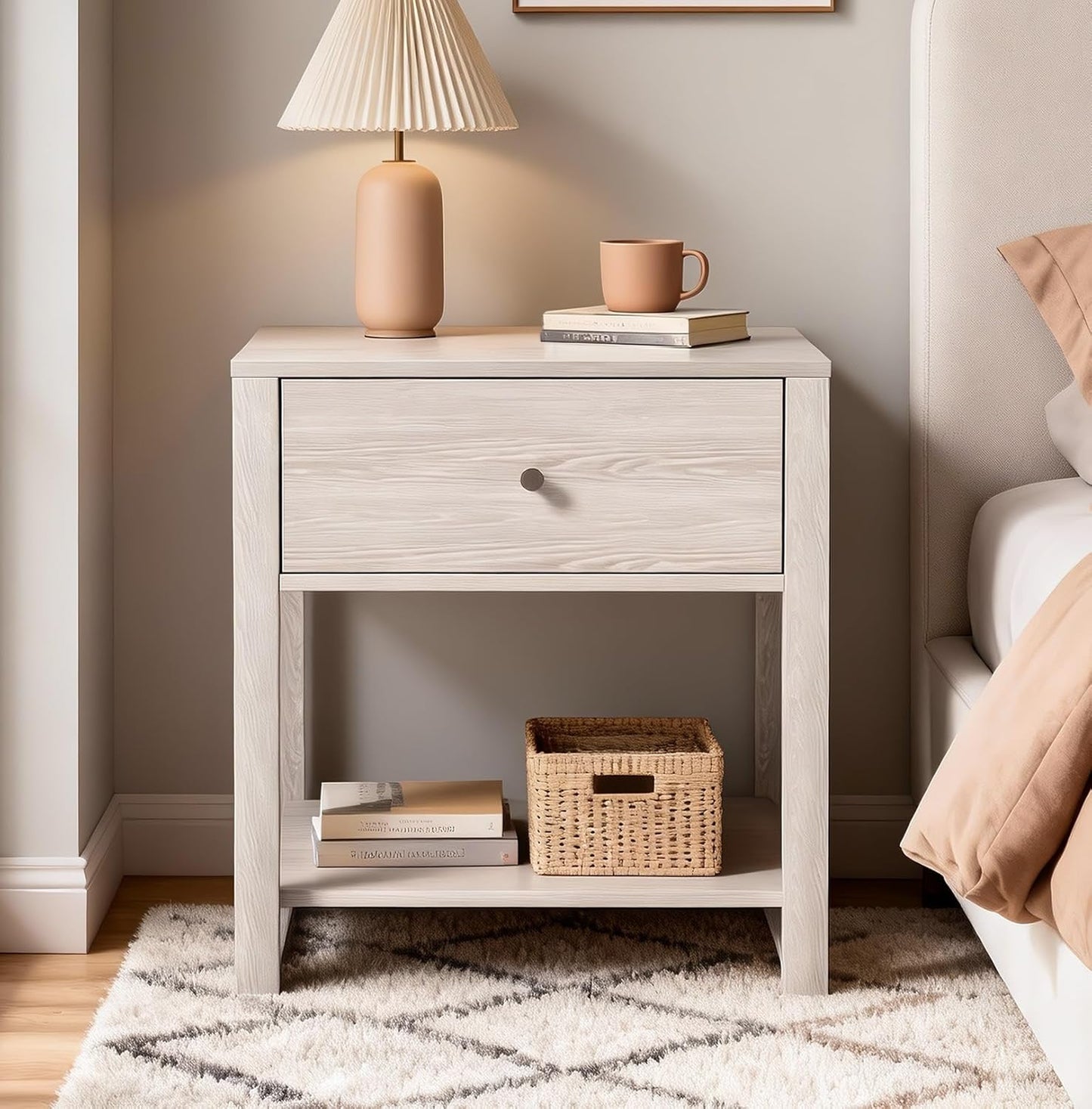 White Nightstand Set of 2, Modern Nightstand Bedside Table with Drawer and Large Storage Shelf, End Tables Side Tables for Bedroom, Mesa de Noche for Small Spaces