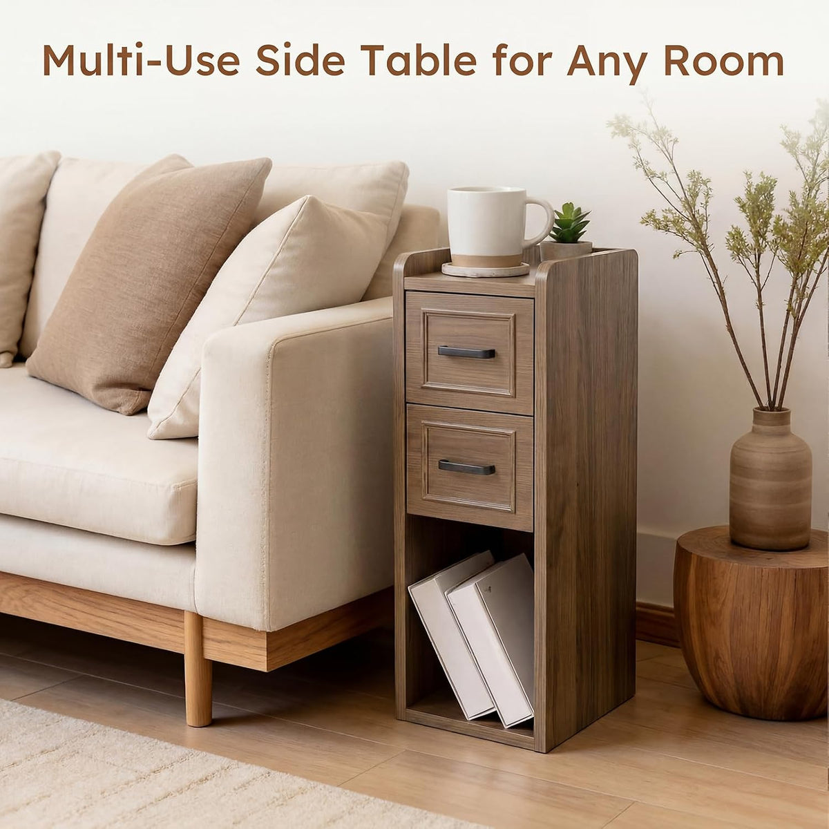 Narrow Nightstand, Skinny Wood Bedside Table, Slim End Table, Walnut