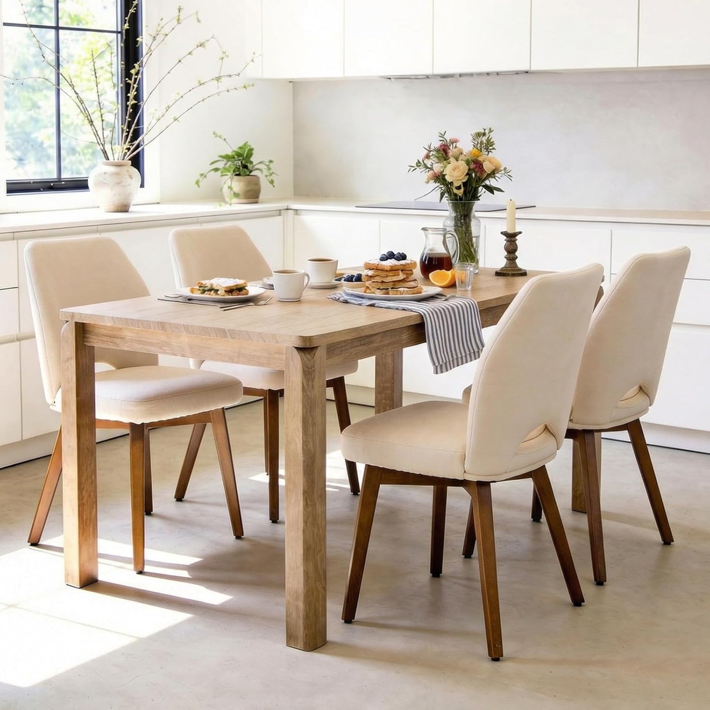 Dining Chairs Set of 4, Modern Upholstered Kitchen Chairs with Unique Cutout High Back & Wood Legs, Comfortable Fabric Side Chair for Dining Room, Living Room Grey