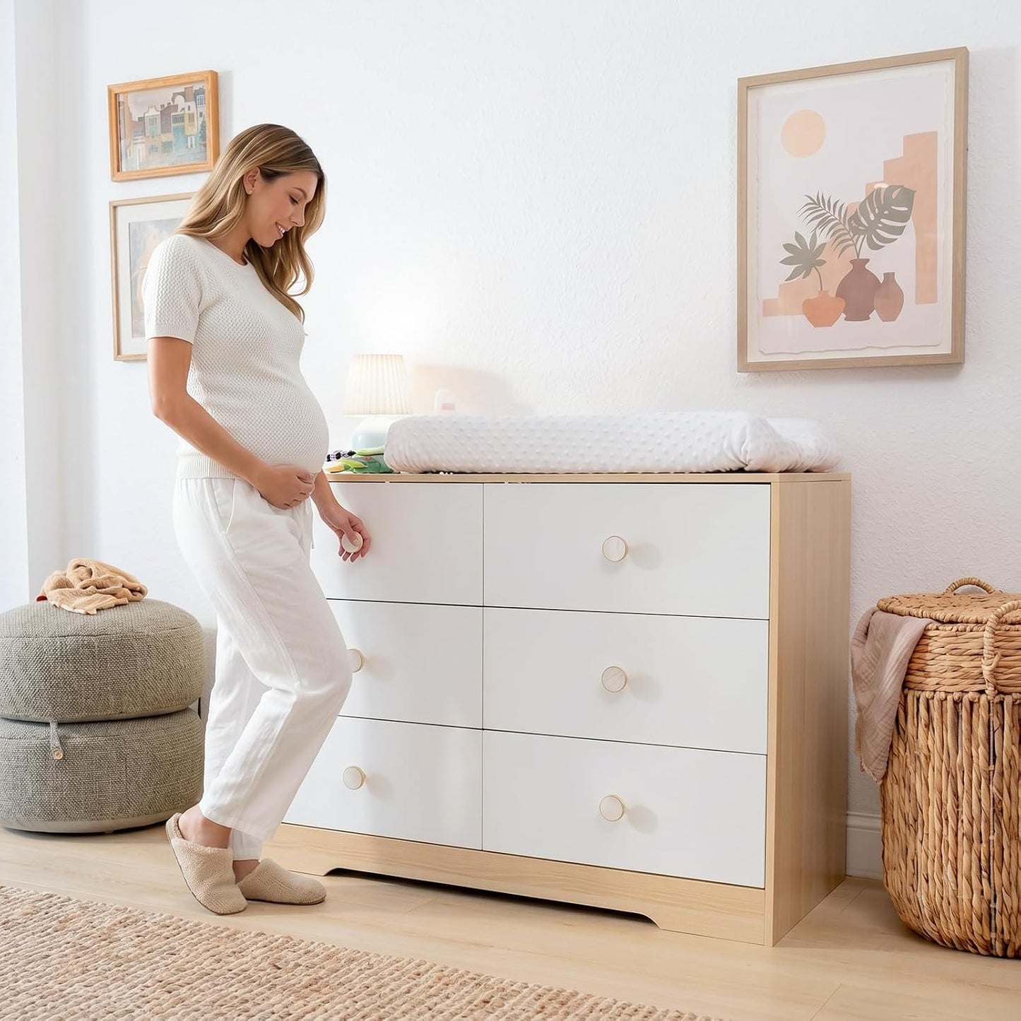 White Dresser for Bedroom, Wood Baby Dresser for Nursery, 6 Drawer Dressers with Sturdy Base, Modern Closet Dresser for Clothes and Baby Essentials
