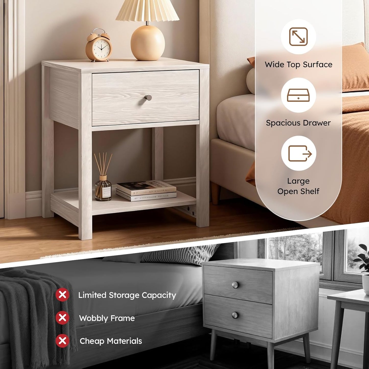 White Nightstand Set of 2, Modern Nightstand Bedside Table with Drawer and Large Storage Shelf, End Tables Side Tables for Bedroom, Mesa de Noche for Small Spaces