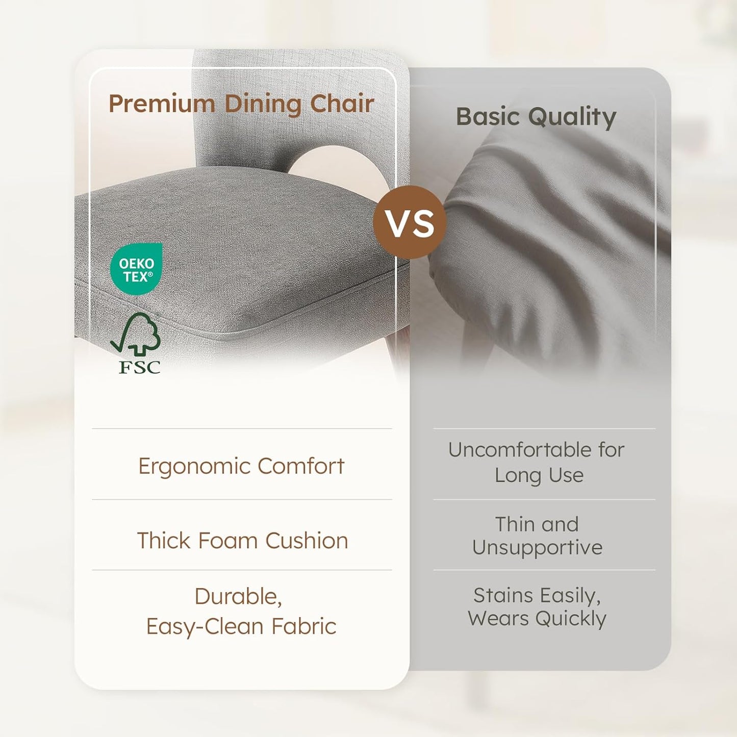 Dining Chairs Set of 2, Modern Upholstered Kitchen Chairs with Unique Cutout High Back & Wood Legs, Comfortable Fabric Side Chair for Dining Room, Living Room Grey