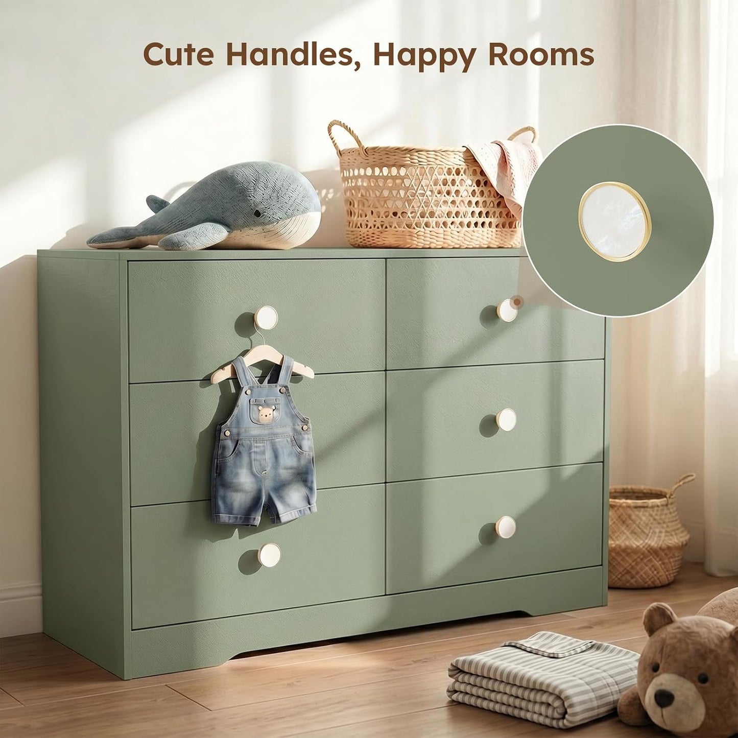 6 Drawer Dresser for Kid Bedroom, Wood Dresser with Sturdy Base, Large Baby Dresser for Nursery, Modern Closet Dresser for Clothes, Green