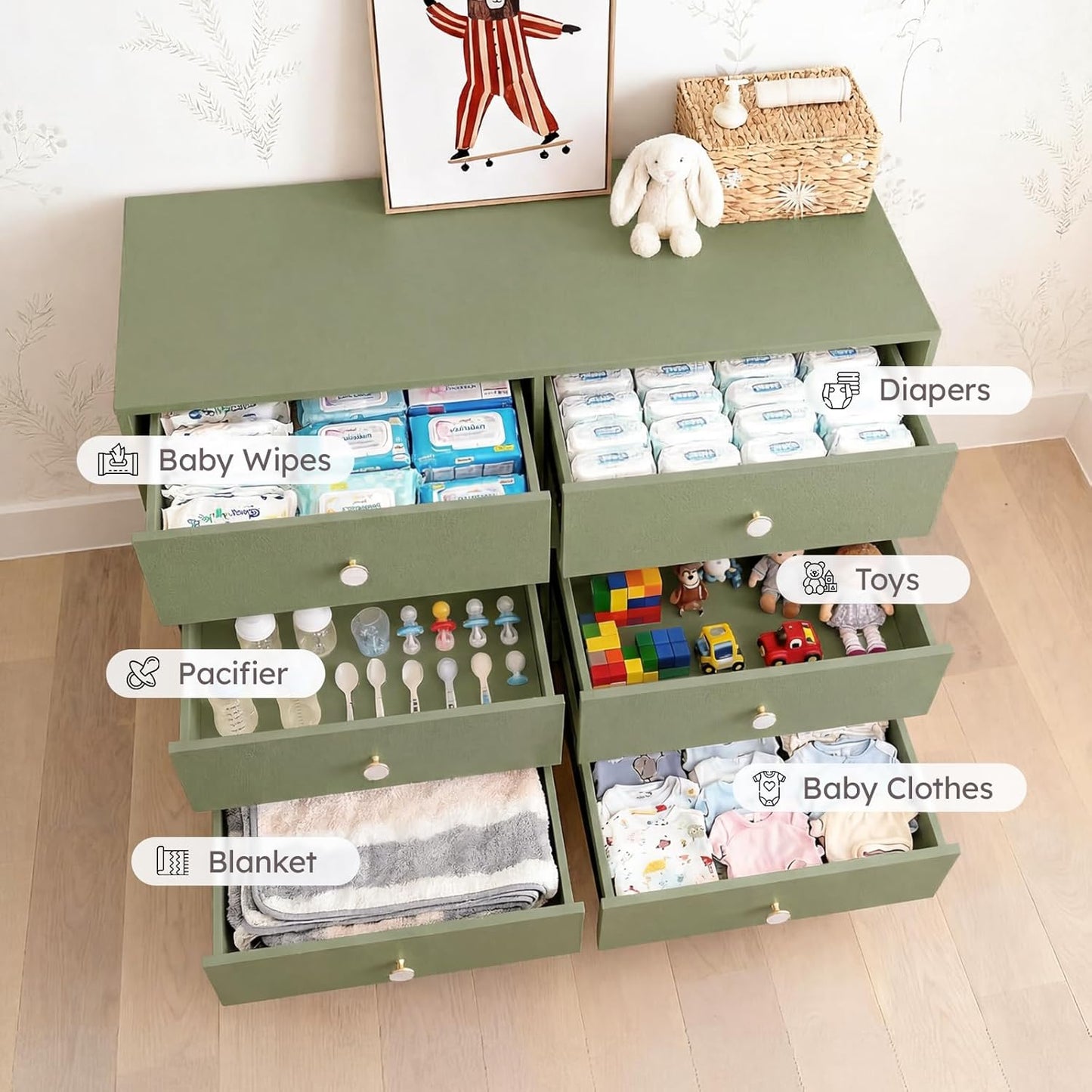 Baby Dresser for Bedroom, Modern 6 Drawer Dresser for Nursery, Kids Dresser with Solid Wood Legs, Large Closet Dresser for Clothes, Chest of Drawers, Green