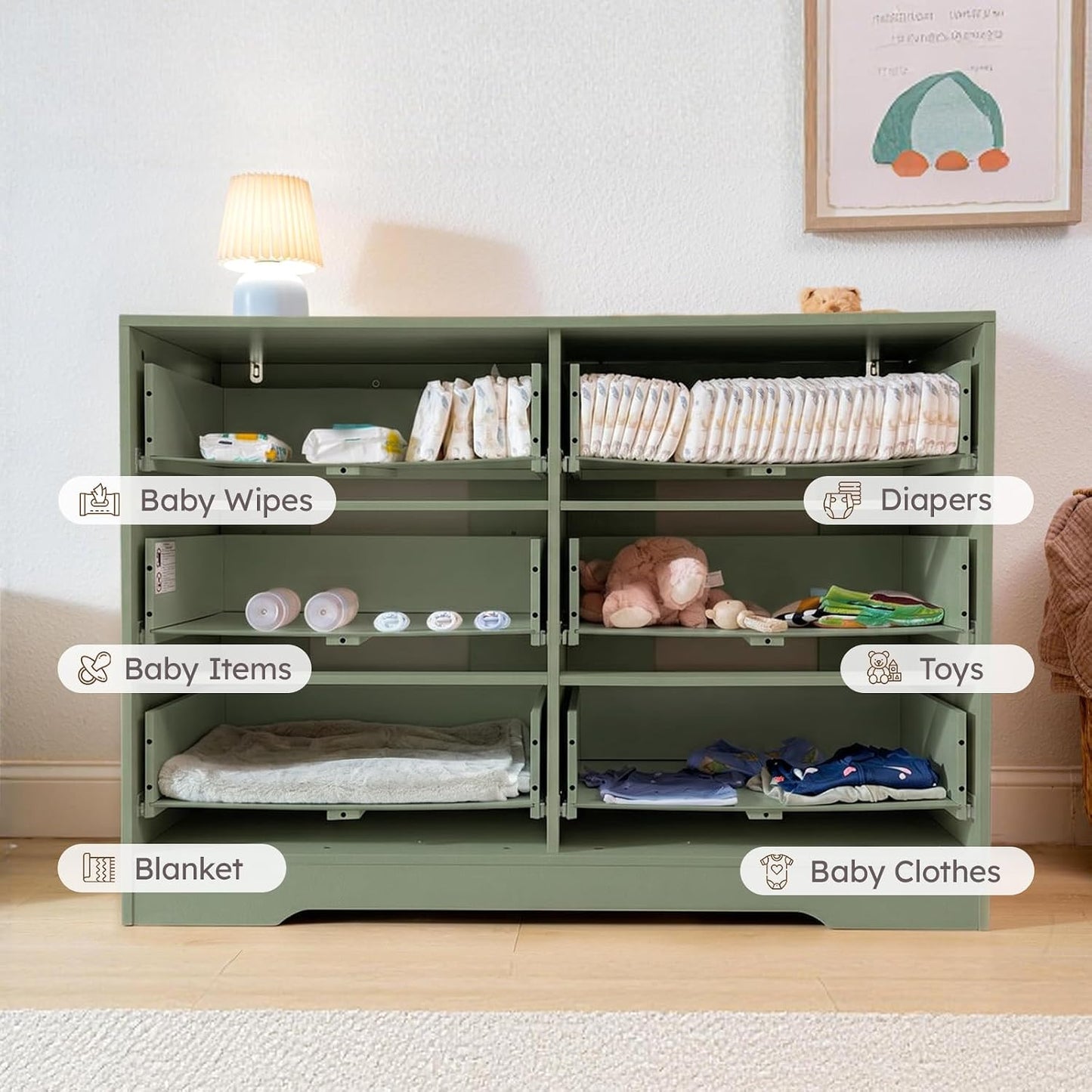 6 Drawer Dresser for Kid Bedroom, Wood Dresser with Sturdy Base, Large Baby Dresser for Nursery, Modern Closet Dresser for Clothes, Green