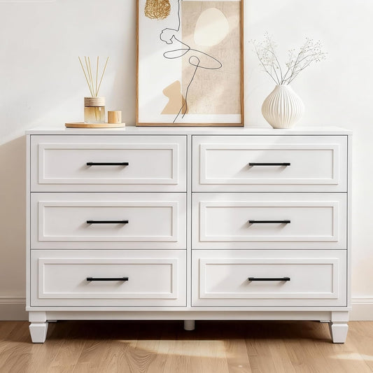BERRY NEST Farmhouse Dresser for Bedroom, 47.2'' Wide Wood White Dresser with 6 Drawer, Modern Minimalist Chest of Drawers with Metal Handle, Closet Store Organizer for Living Room, Hallway