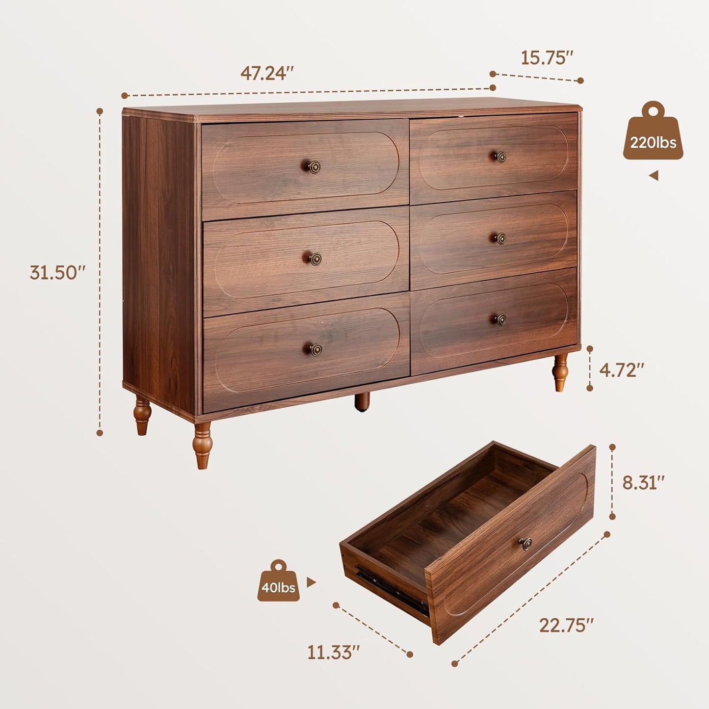 Urbancozy Mid-Century 6 Drawer Dresser, 47" Wide Chest with Solid Wood Legs Dark, Walnut Wood Storage Chest for Bedroom, Living Room, TV Stand, Closet Storage Drawers Organizer Furniture, with Classic Vintage Design