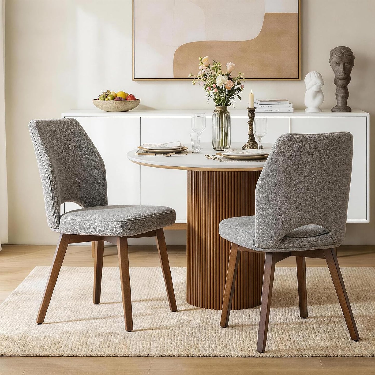 Dining Chairs Set of 4, Modern Upholstered Kitchen Chairs with Unique Cutout High Back & Wood Legs, Comfortable Fabric Side Chair for Dining Room, Living Room Beige