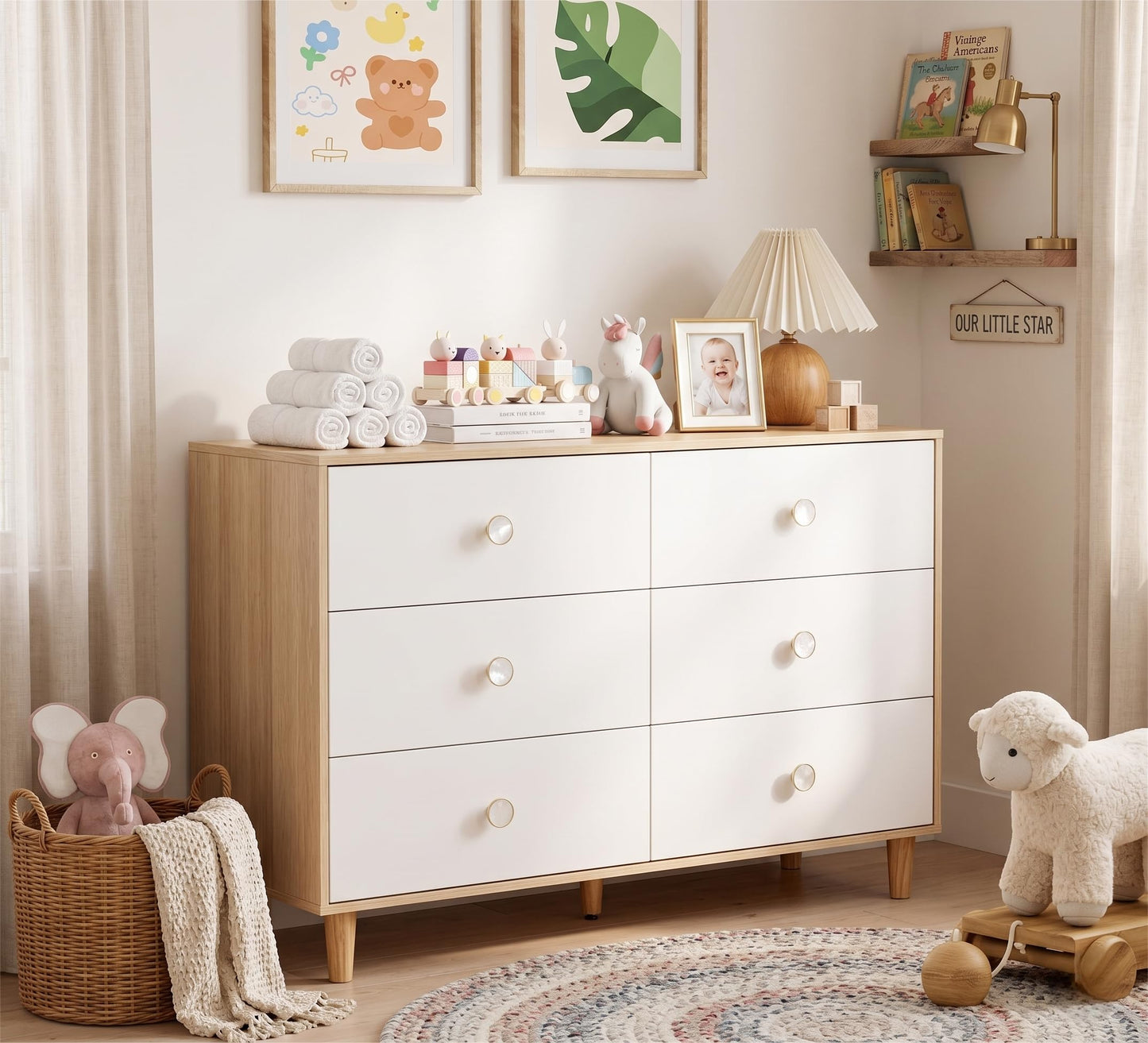 White Dresser for Bedroom, Wood Baby Dresser for Nursery, 6 Drawer Dressers with Sturdy Base, Modern Closet Dresser for Clothes and Baby Essentials