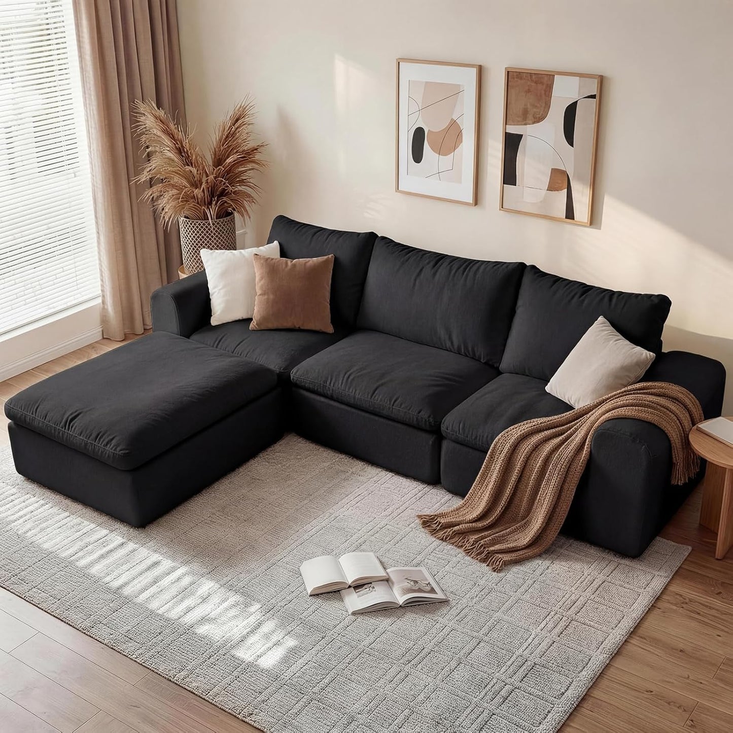 118" Oversized Modular Sectional Couch, Ultra Soft Cloud Sofa with Upgraded High Back, Plush Boneless Couches for Living Room, Comfy Deep Seat Boneless Sofa with Ottoman, No Assembly, Black