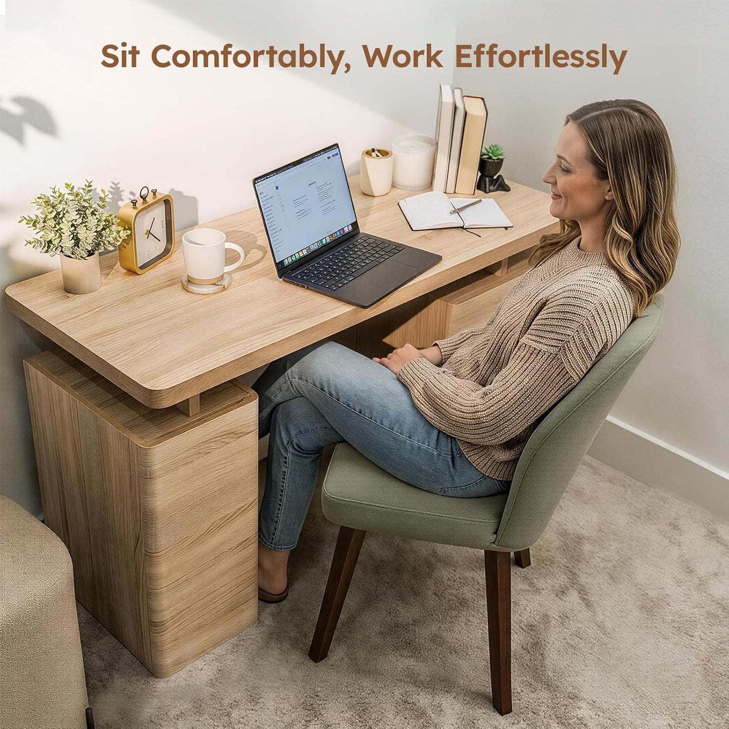 Dining Chairs Set of 2, Modern Upholstered Kitchen Chairs with Unique Cutout High Back & Wood Legs, Comfortable Fabric Side Chair for Dining Room, Living Room Green