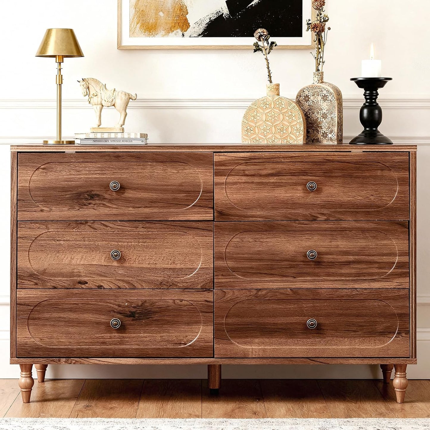 Urbancozy Mid-Century 6 Drawer Dresser, 47" Wide Chest with Solid Wood Legs Dark, Walnut Wood Storage Chest for Bedroom, Living Room, TV Stand, Closet Storage Drawers Organizer Furniture, with Classic Vintage Design