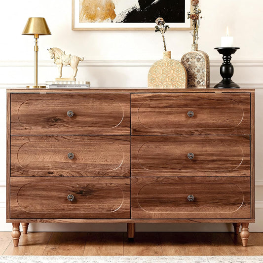 Urbancozy Mid-Century 6 Drawer Dresser, 47" Wide Chest with Solid Wood Legs Dark, Walnut Wood Storage Chest for Bedroom, Living Room, TV Stand, Closet Storage Drawers Organizer Furniture, with Classic Vintage Design