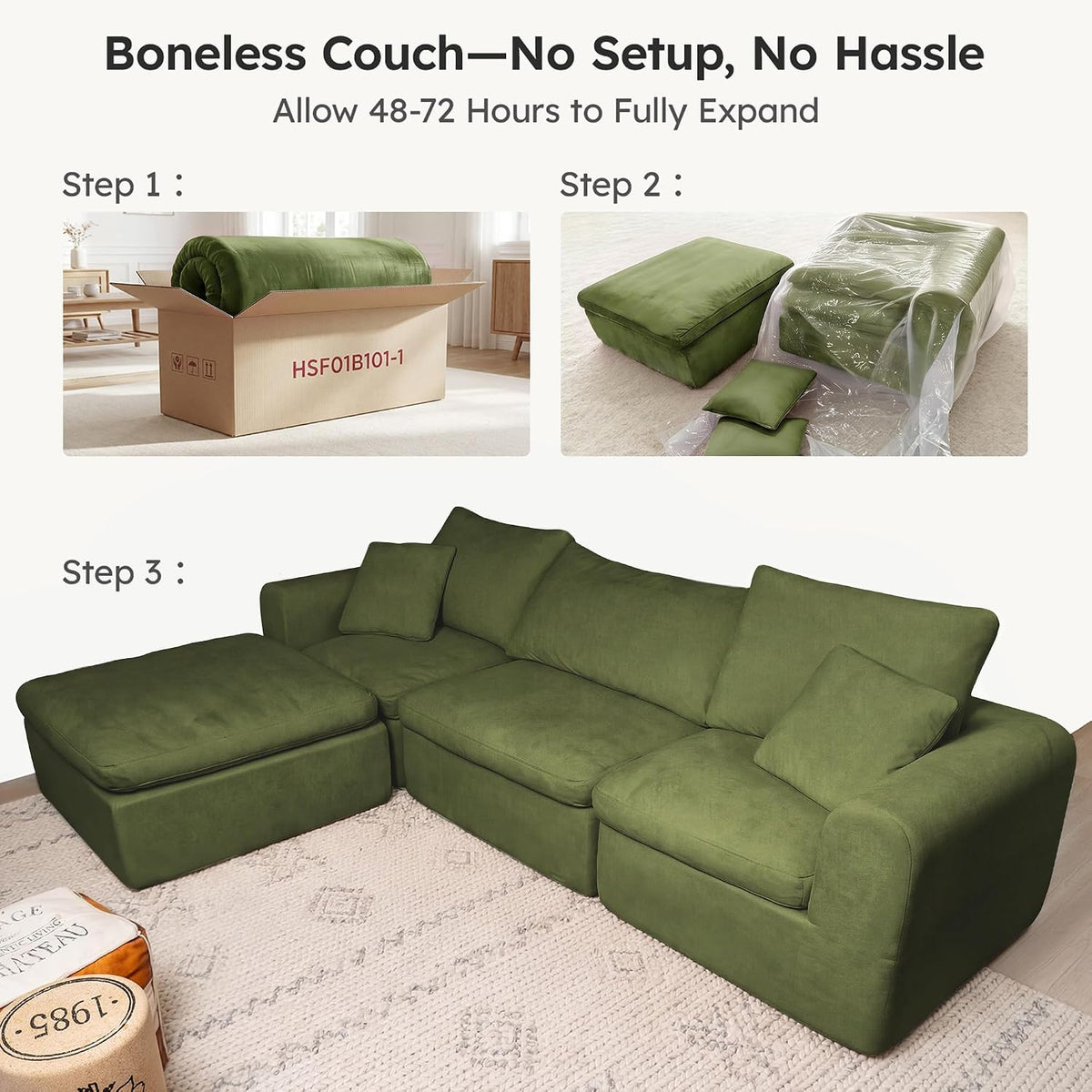 119" Modular Sectional Cloud Sofa, No Assembly Boneless Couch with Ottoman, Green