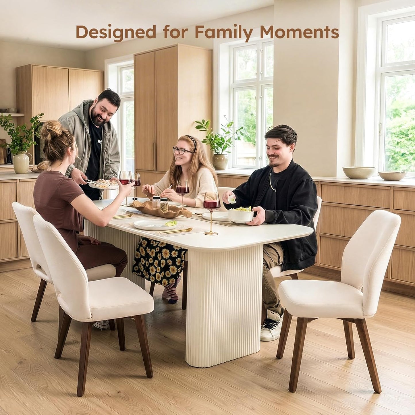 Dining Chairs Set of 4, Modern Upholstered Kitchen Chairs with Unique Cutout High Back & Wood Legs, Comfortable Fabric Side Chair for Dining Room, Living Room Beige