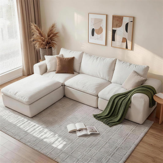 Modular Sectional Boneless Couch, Oversized Cloud Sofa with High Back Pillows, No Assembly Required Couches for Living Room & Apartment, Comfy Seating for Families & Renters, Beige