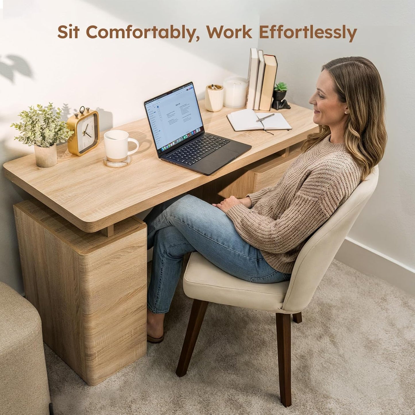 Dining Chairs Set of 2 – Modern Upholstered Kitchen Chairs (Sillas de Comedor) with Unique Cutout High Back & Wood Legs, Farmhouse Dinner Chair for Kitchen, Dining Room, or Living Room, Beige