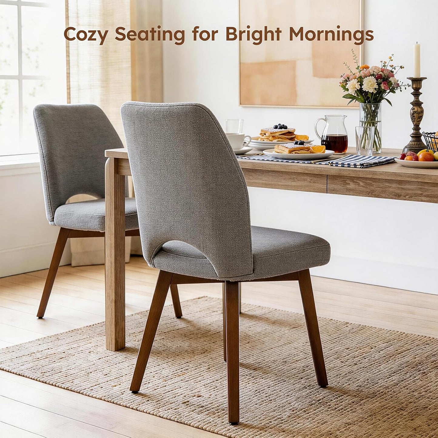 Dining Chairs Set of 2, Modern Upholstered Kitchen Chairs with Unique Cutout High Back & Wood Legs, Comfortable Fabric Side Chair for Dining Room, Living Room Grey