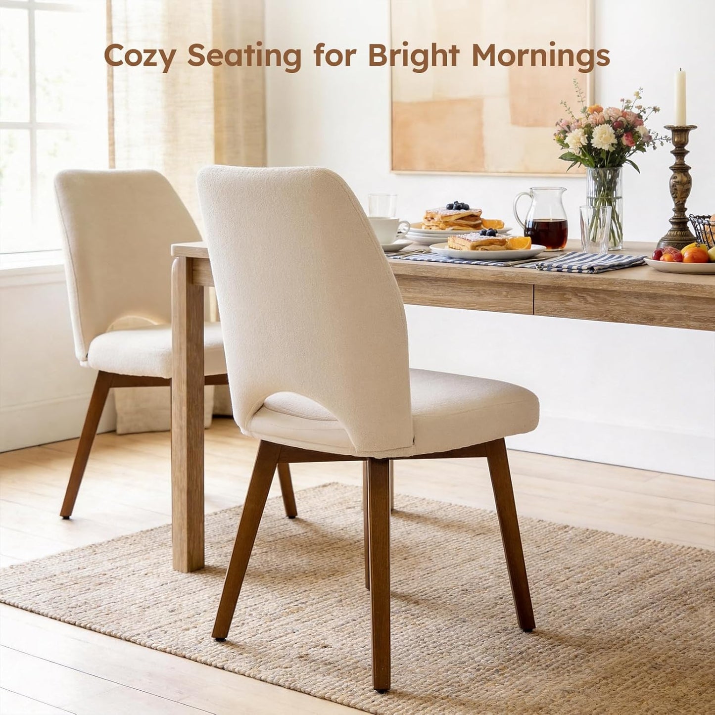 Dining Chairs Set of 2 – Modern Upholstered Kitchen Chairs (Sillas de Comedor) with Unique Cutout High Back & Wood Legs, Farmhouse Dinner Chair for Kitchen, Dining Room, or Living Room, Beige