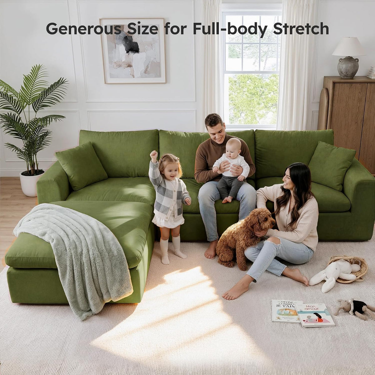 119" Modular Sectional Cloud Sofa, No Assembly Boneless Couch with Ottoman, Green