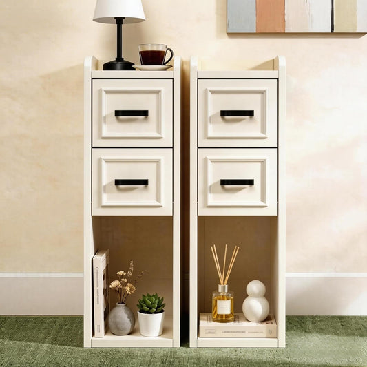 Narrow Nightstand Set of 2, Modern White Bedside Table with Drawers & Open Shelf, Modern End Table for Bedroom Small Spaces, Apartments, Renters