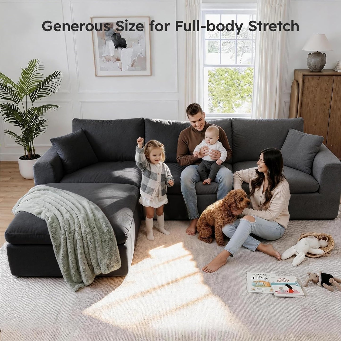 118" Oversized Modular Sectional Couch, Ultra Soft Cloud Sofa with Upgraded High Back, Plush Boneless Couches for Living Room, Comfy Deep Seat Boneless Sofa with Ottoman, No Assembly, Black