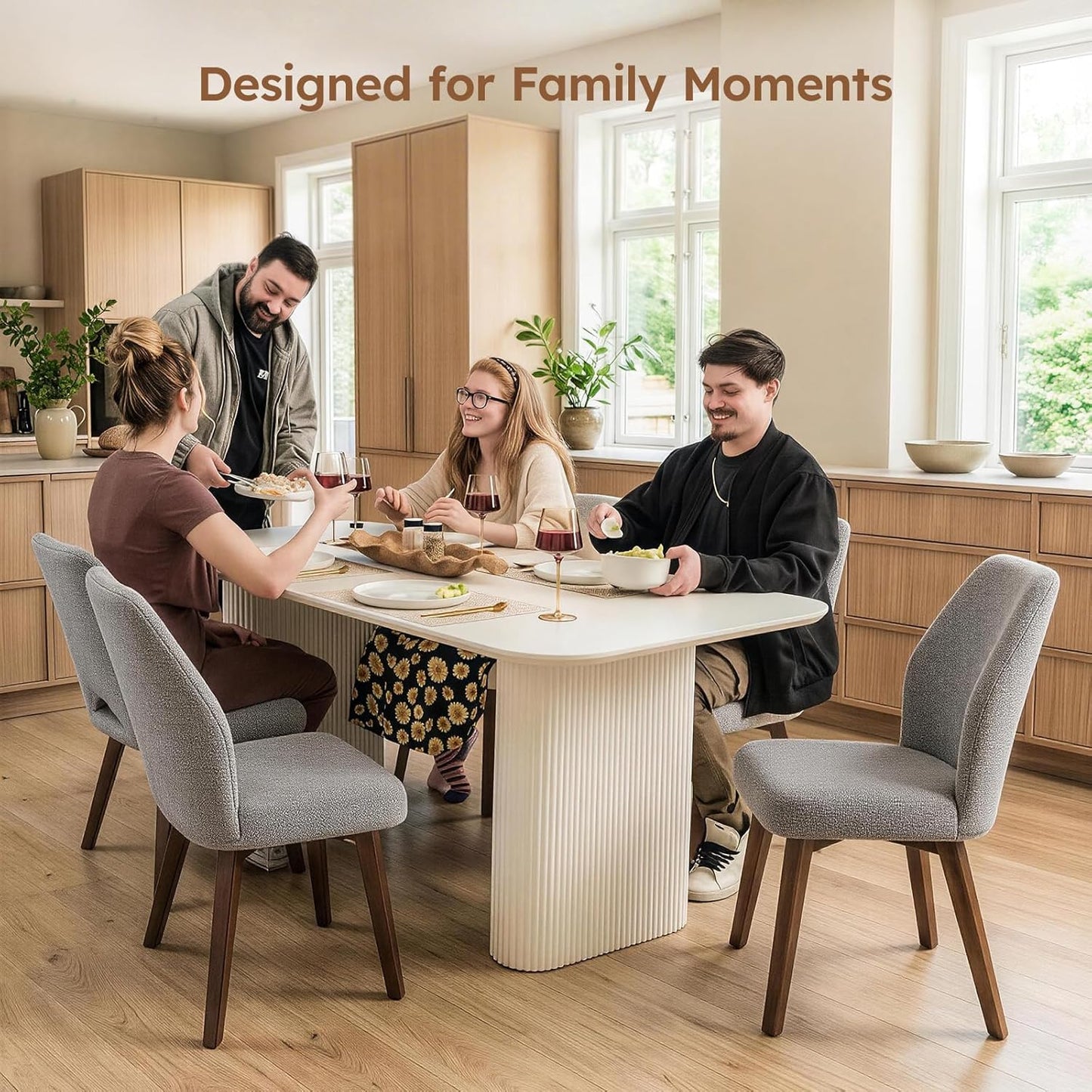 Dining Chairs Set of 4, Modern Upholstered Kitchen Chairs with Unique Cutout High Back & Wood Legs, Comfortable Fabric Side Chair for Dining Room, Living Room Grey