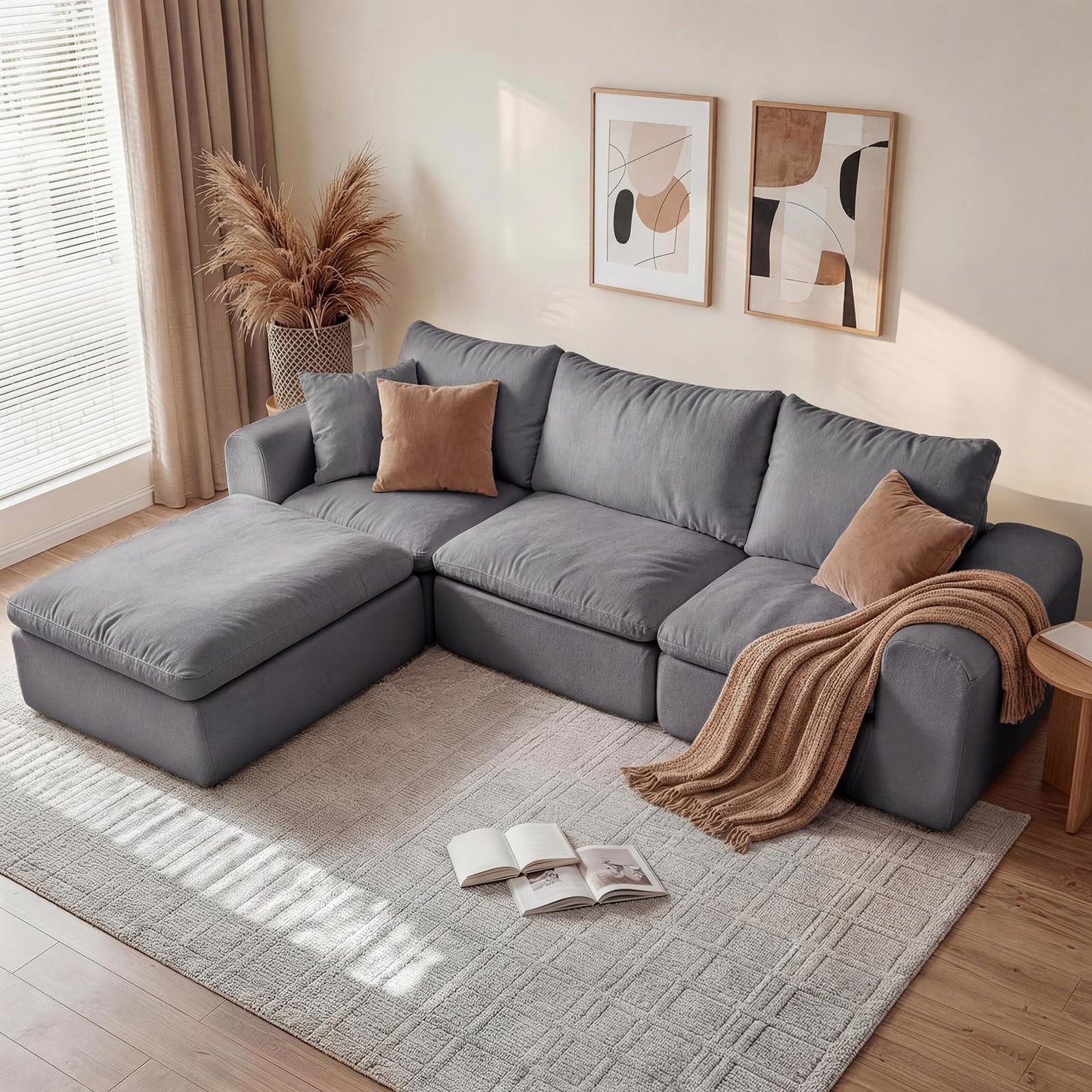 118" Oversized Modular Sectional Couch, Ultra Soft Cloud Sofa with Upgraded High Back, Plush Boneless Couches for Living Room, Comfy Deep Seat Boneless Sofa with Ottoman, No Assembly, Black