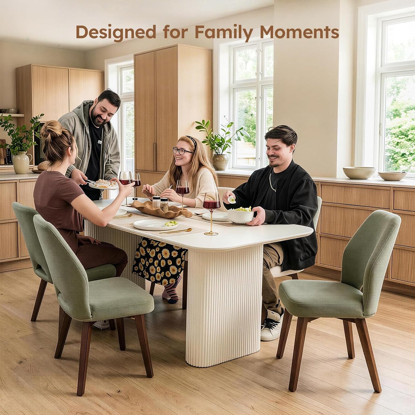 Dining Chairs Set of 2, Modern Upholstered Kitchen Chairs with Unique Cutout High Back & Wood Legs, Comfortable Fabric Side Chair for Dining Room, Living Room Green