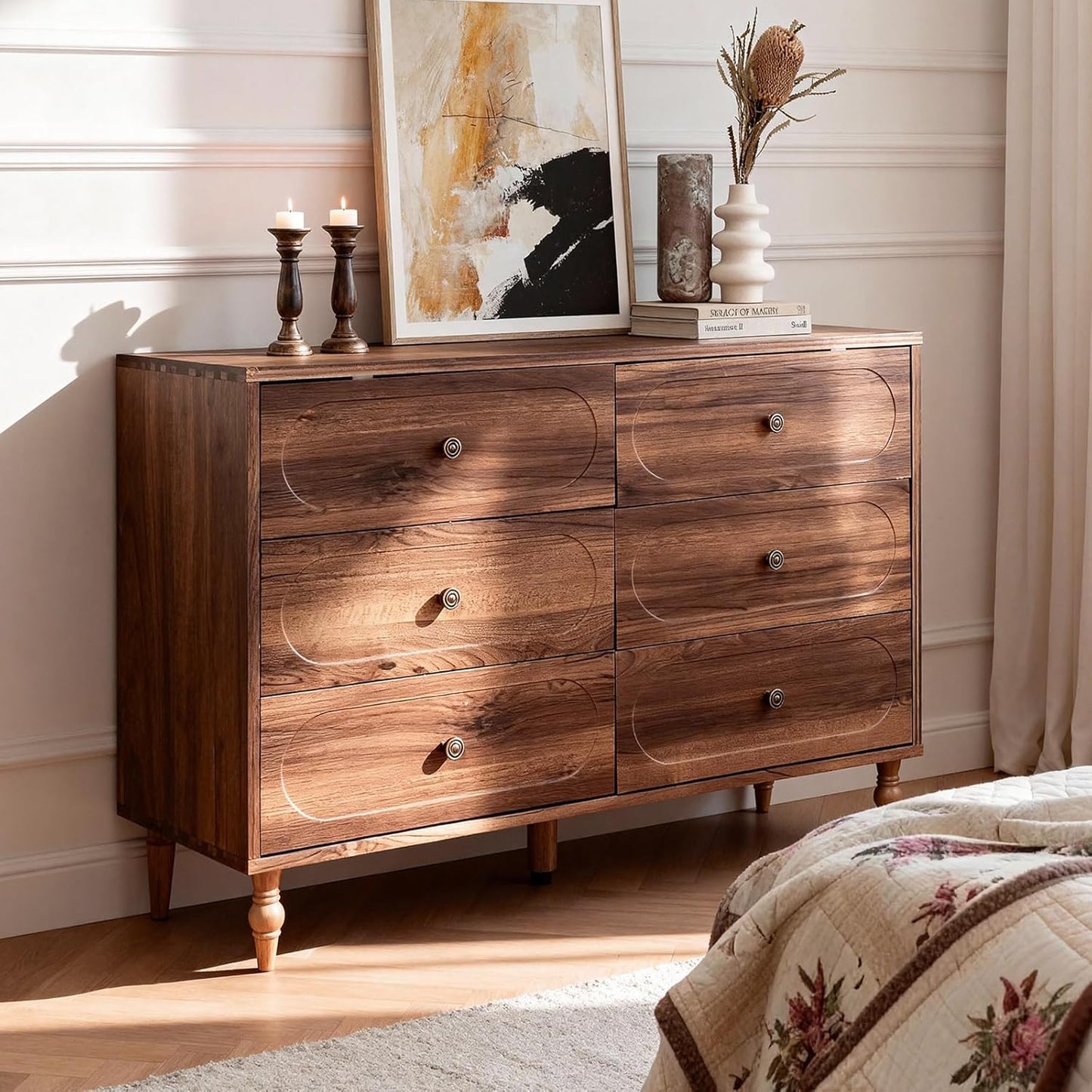 Urbancozy Mid-Century 6 Drawer Dresser, 47" Wide Chest with Solid Wood Legs Dark, Walnut Wood Storage Chest for Bedroom, Living Room, TV Stand, Closet Storage Drawers Organizer Furniture, with Classic Vintage Design