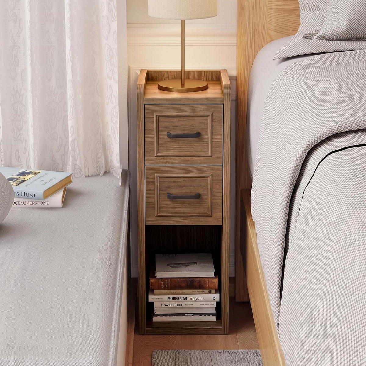 Narrow Nightstand, Skinny Wood Bedside Table, Slim End Table, Walnut